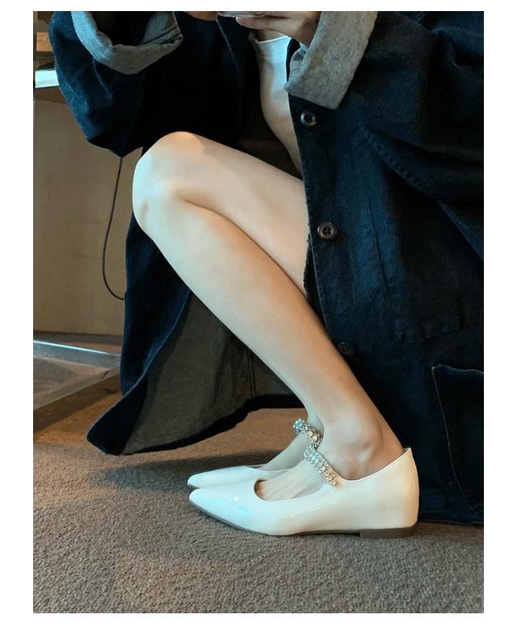 Sheepskin Version French Small Man Inner Height Increase Shoes Pointed Flat Sole Shoes Women's Rhinestone Word Belt Mary Jane Women's Shoes
