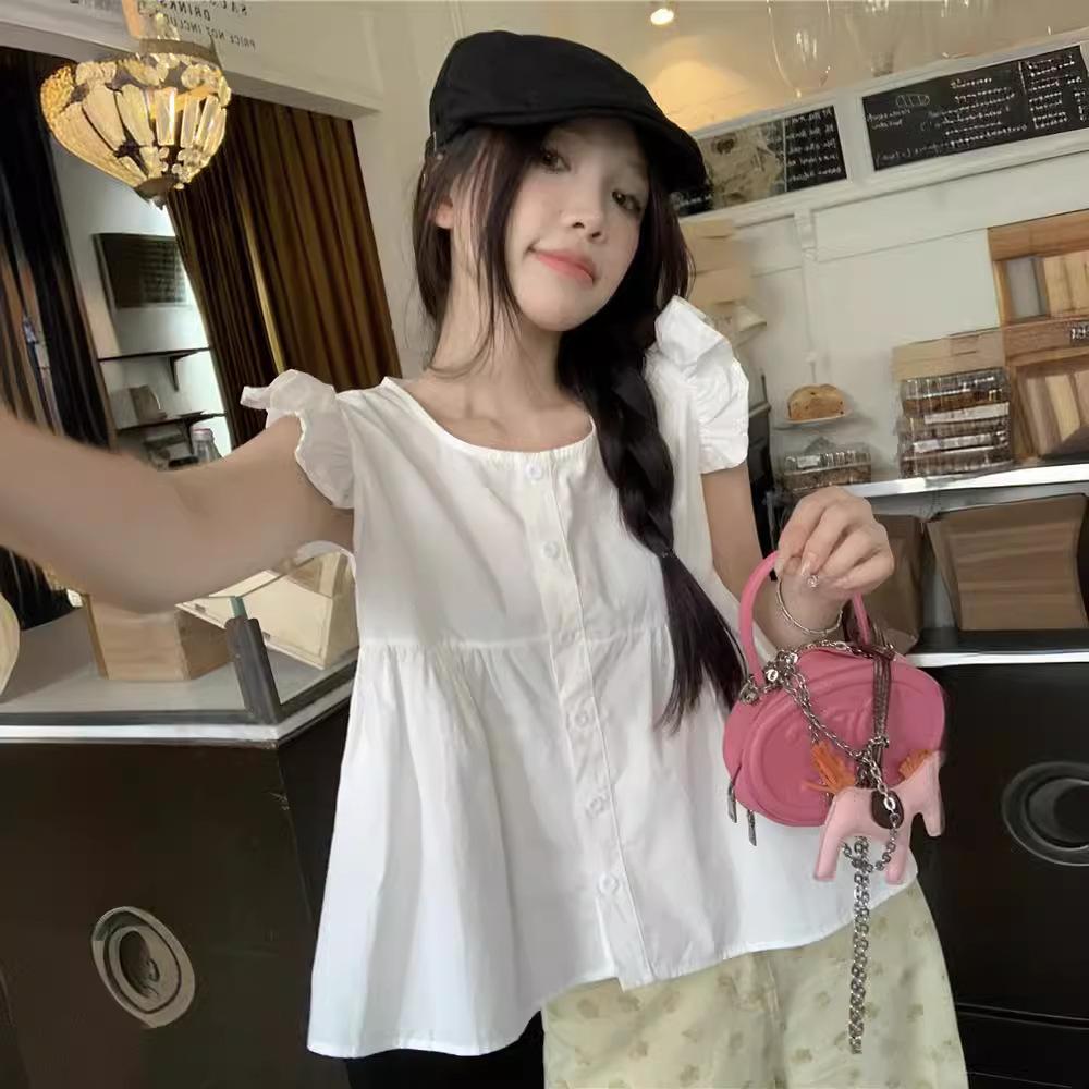 Black Ear Shirt Summer New Style Women's Solid Color Versatile Square Collar Plaid Ruffle Sleeveless Shirt Top