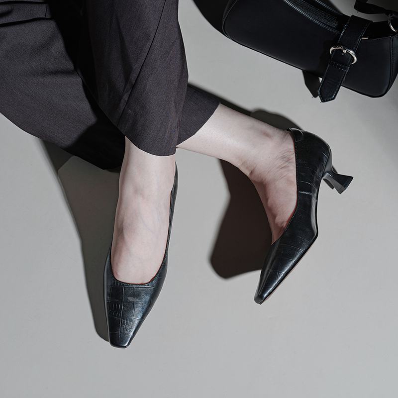Krazing Pot Cow Skin Square Toe Stiletto Med Heels Summer Shoes Big Size 41 Concise Style Women Shallow Pumps