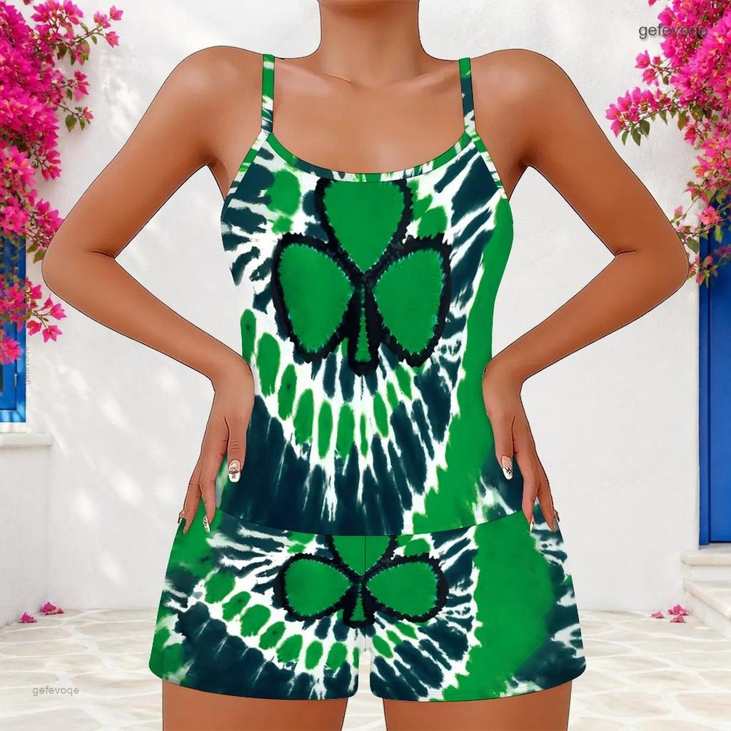 Women Plus Size Green Clover Tie Dye Printed Scoop Neck Strappy Tank Top Shorts Set