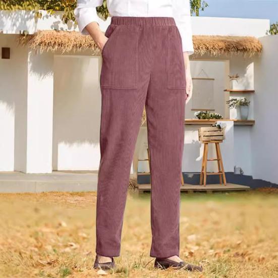 Corduroy Casual Pants Elastic Waist Women Long Pants with Pockets Solid Color Straight Leg Commuting Office Travel Slacks