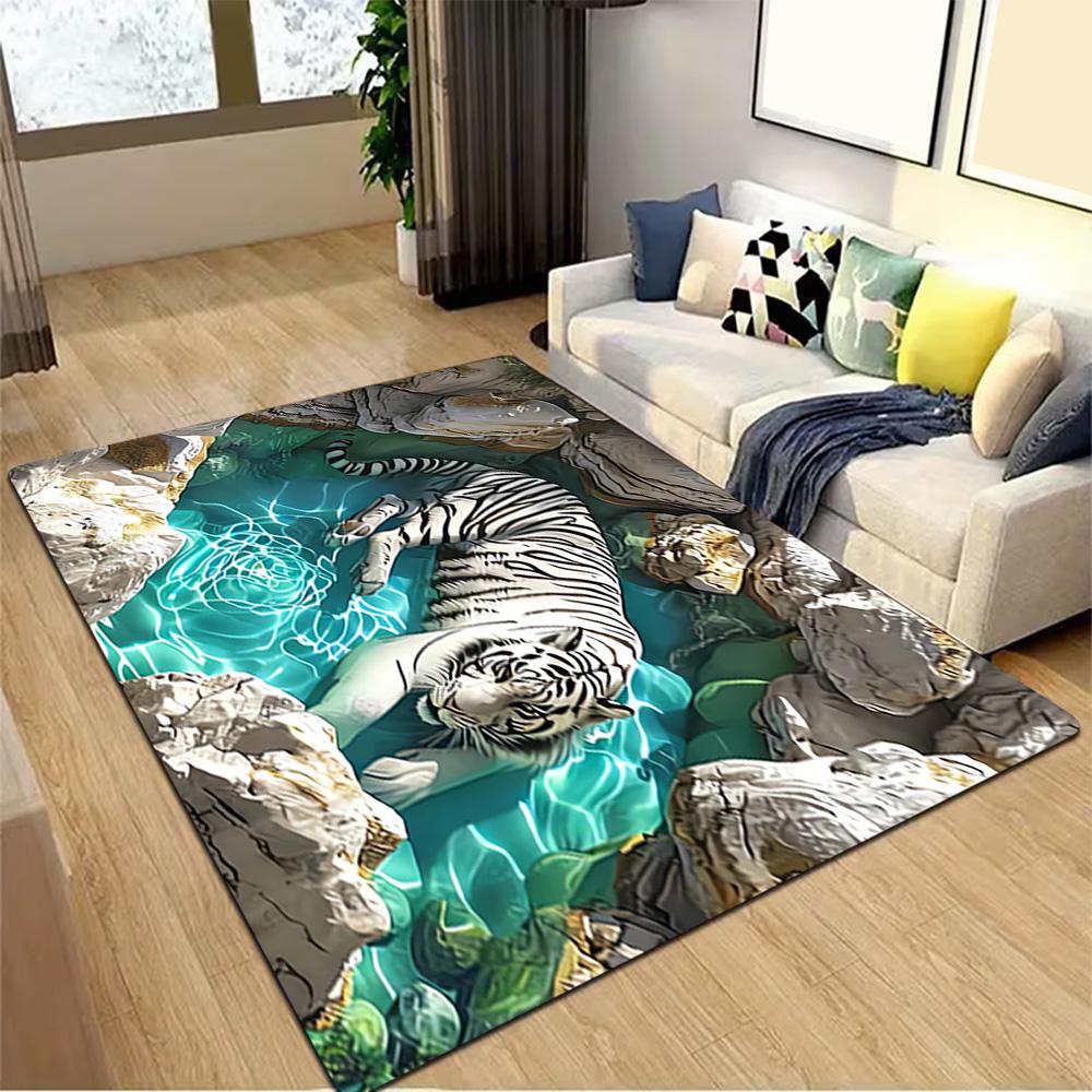 White Tiger Print Rug Decoration,Carpet,Living Room,Bedroom, Non-slip,Square rug
