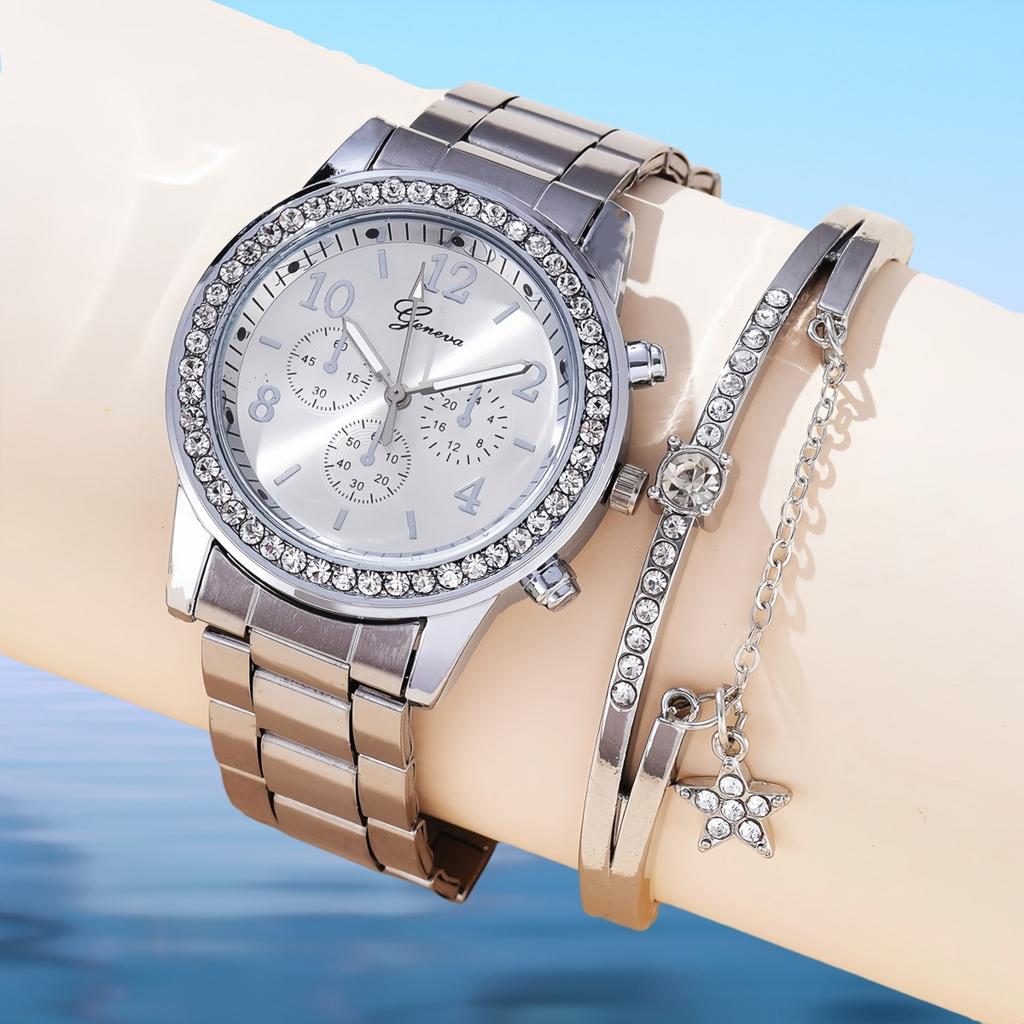 Three-eye Watch with Diamond Alloy Steel Belt Watch Women's Geneva Quartz Watch Set