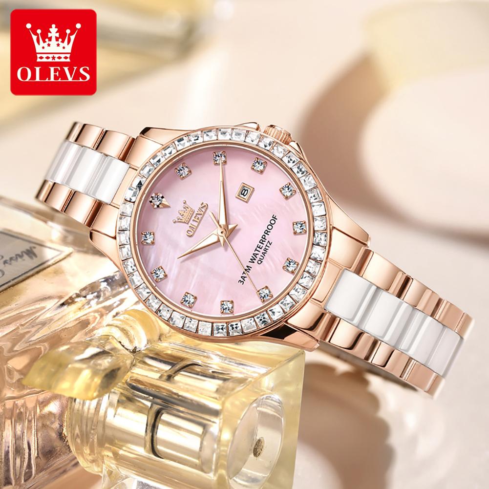 OLEVS Womens Watch Luxury Elegant Fashion Rhinestone Bezel Ceramic Strap Wristwatch Waterproof Date Watches