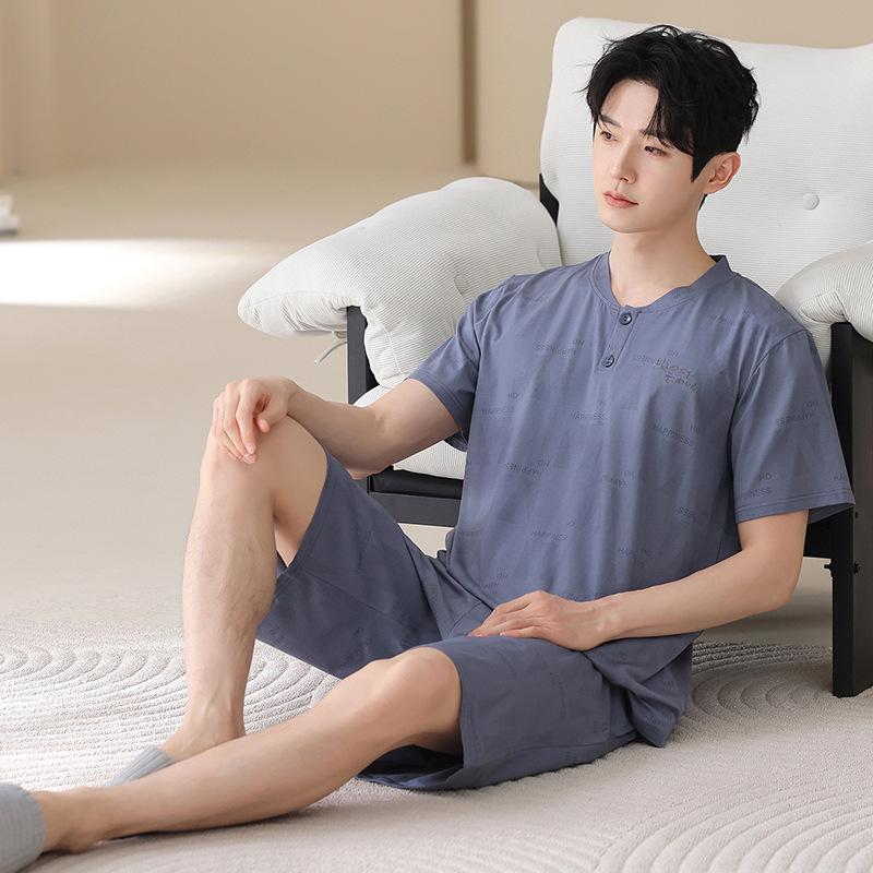 Lyocell cotton men's pajamas summer thin short-sleeved five-point pants suit casual teen men's loungewear can be worn outside