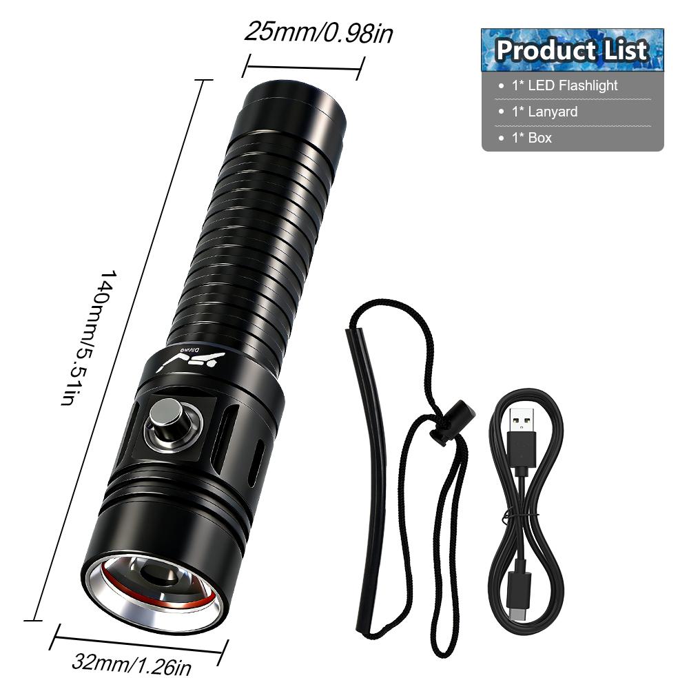 50M Professional Diving Torch IPX8 Waterproof USB C Rechargeable LED Flashlight 18650 Wrist Strap Underwater Scuba Diving Light