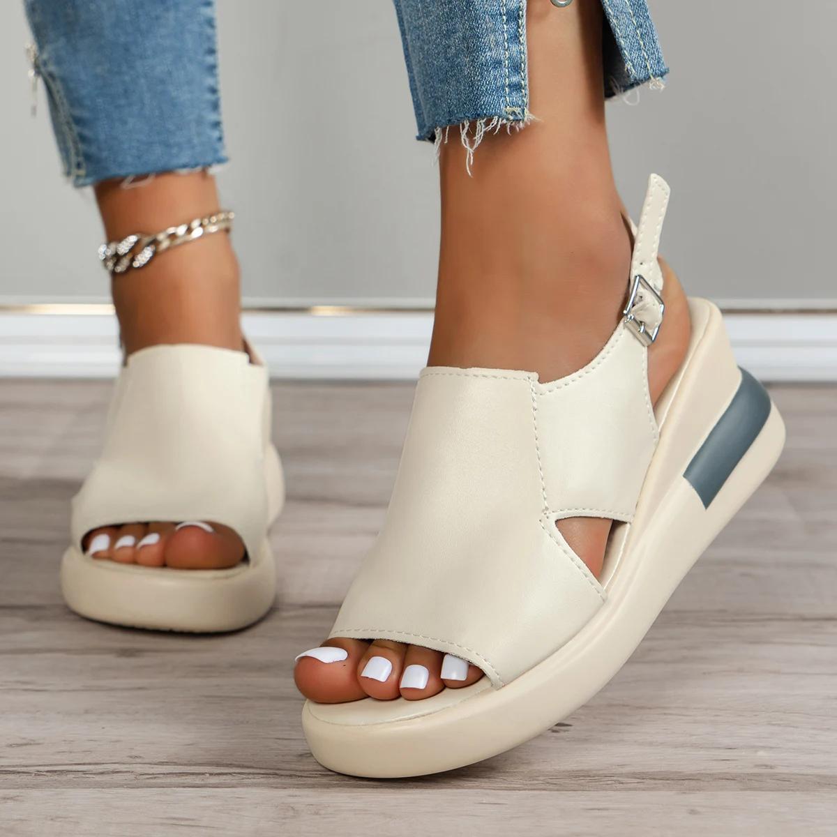 

Летние сандалии на танкетке, модная пляжная обувь в стиле ретро, ​​женская повседневная обувь с открытым носком, мягкие удобные сандалии De Mujer 35