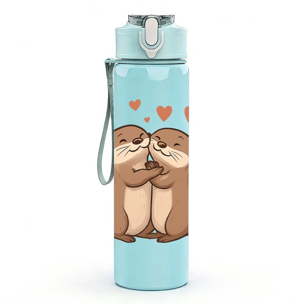 1PC Loving Otter Couple 750ml Color Plastic Sports Water Bottle Leakproof Flip Straw Lid Suitable for Sports Office Home Use