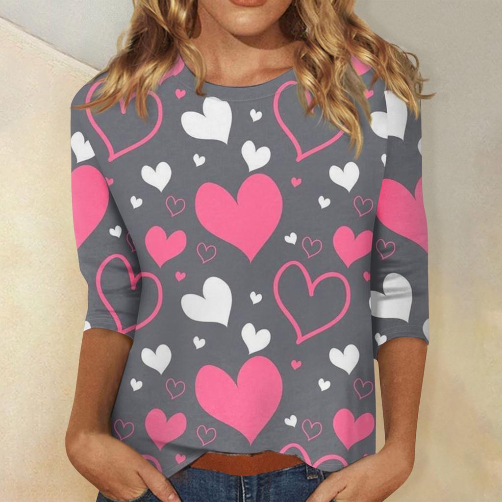 Damen Oberteile Dreiviertelarm Valentinstag Shirt Rundhals Lockeres Freizeitshirt