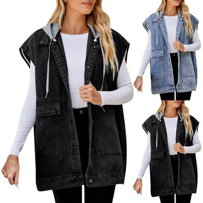 Gilet di jeans casual da donna Gilet con tasca grande senza maniche con cappuccio staccabile