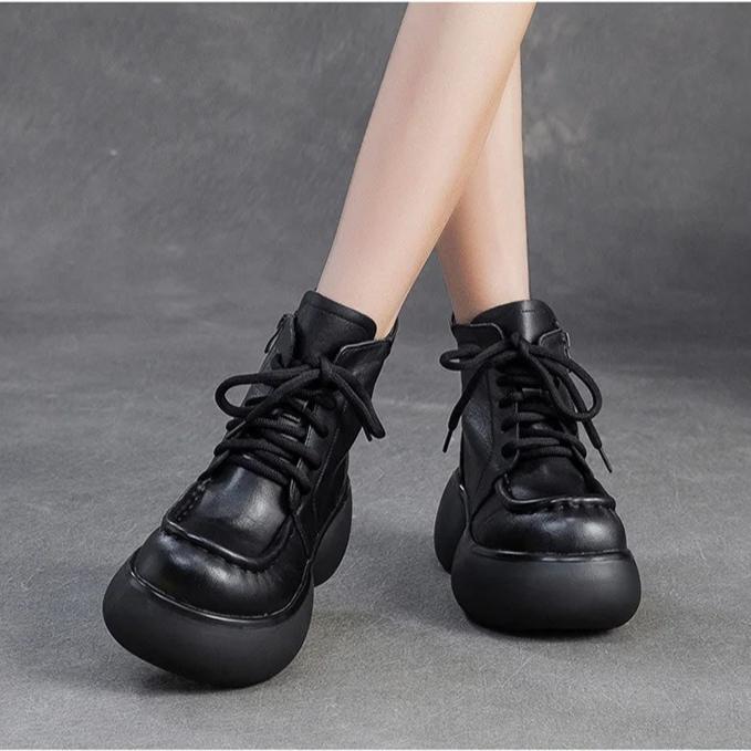 Johnature Botines cortos de felpa de estilo británico retro de cuero genuino con suela gruesa, zapatos de plataforma versátiles para mujer