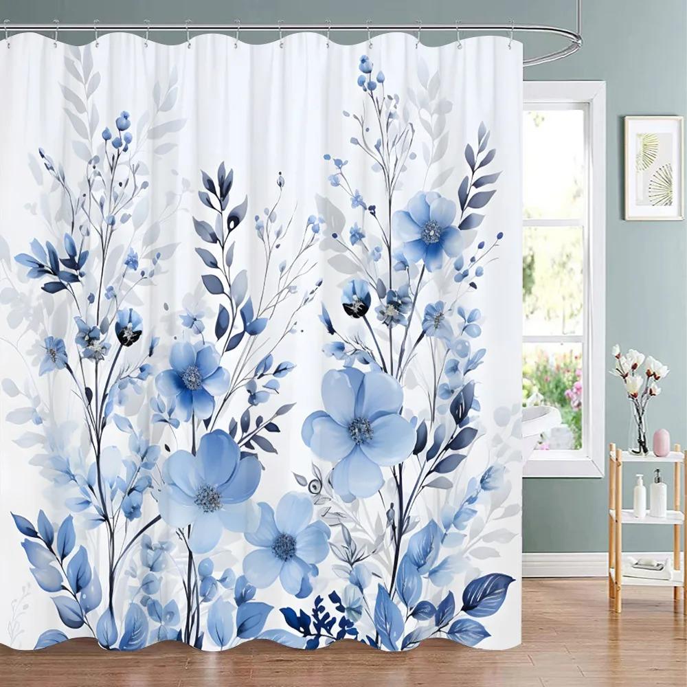 Spring Botanical Floral Shower Curtain Watercolour Style Floral Landscape Washable Fabric Bath Curtain Bathroom Decor With Hooks