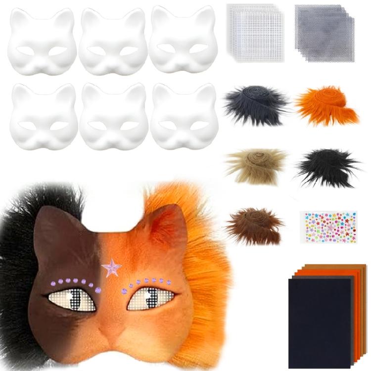 6Pieces White Cats Face Mask Unpainted Masquerades Mask for Halloween Includes Furry Trim Eye Mesh Felted Cloth Sticker