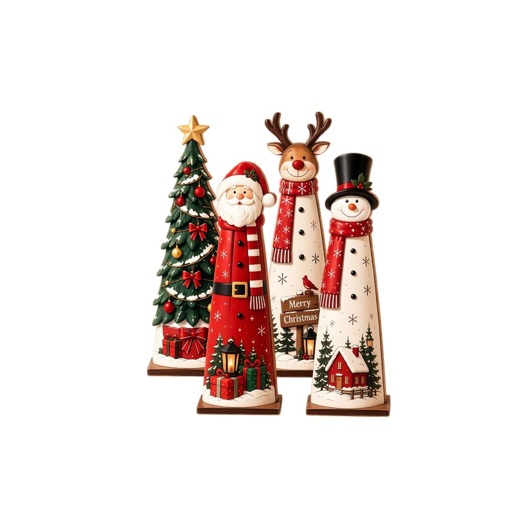 4-Piece Christmas Wooden Decorations Set for Holiday Tabletop and Home Display