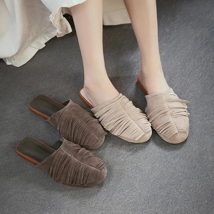 Johnature Chinelos Planos de Moda com Franjas em Camurça de Vaca Leves Confortáveis e Versáteis Sapatos Slip-on Femininos