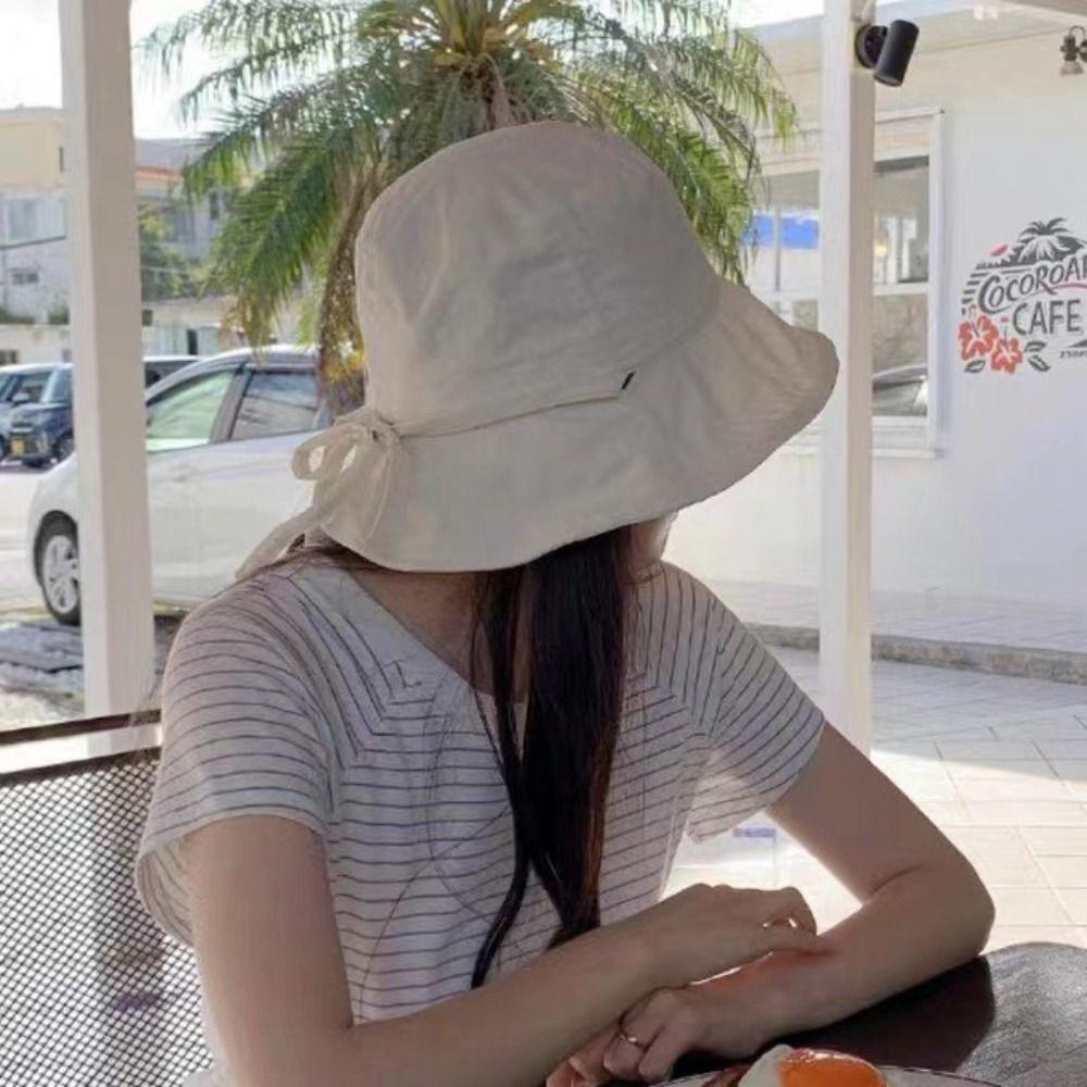 Wide Brim Bow Bucket Hat Solid Color Summer Sun Hat Simple Sunscreen Fisherman Hat  Camping