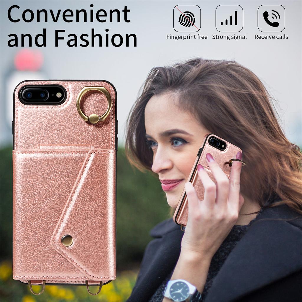 Per iPhone 6/6s/6Plus/7/8,7Plus/8Plus,iPhone SE (2020/2022) Tracolla Corda Anello Staffa Design Porta Carte Slot Copertura con Texture Litchi Custodia per Telefono