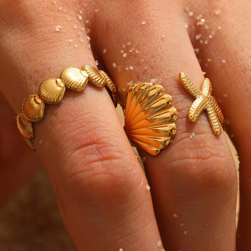 Stainless Steel Sea Star Shell Open Rings For Women Men Vintage Gold Color Adjustable Finger Ring Jewelry Beach Party Gifts