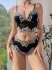 Two-tone Floral Lace Bra Set, V-neck Body-hugging Hallow-out Camisole Top and Panties, Women's Daily Comfortable Lingerie