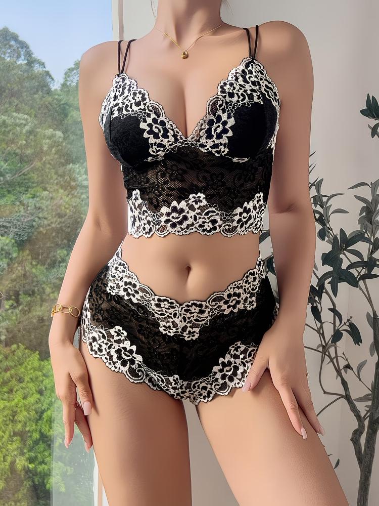 Two-tone Floral Lace Bra Set, V-neck Body-hugging Hallow-out Camisole Top and Panties, Women's Daily Comfortable Lingerie