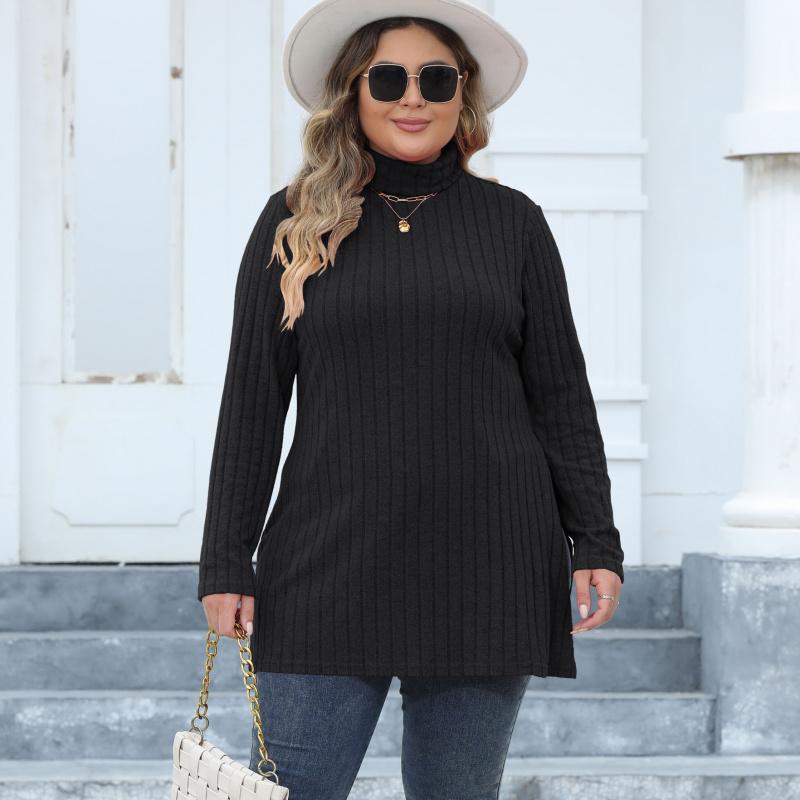Women's Plus Size High Neck Slim Fit Base Shirt Ribbed Striped Split Mid-Length T-Shirt