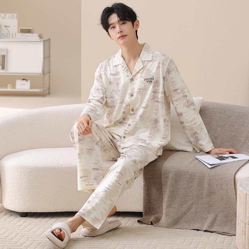Couple pajamas pure cotton long-sleeved spring and autumn women's simple casual men's comfortable cardigan cotton loungewear set