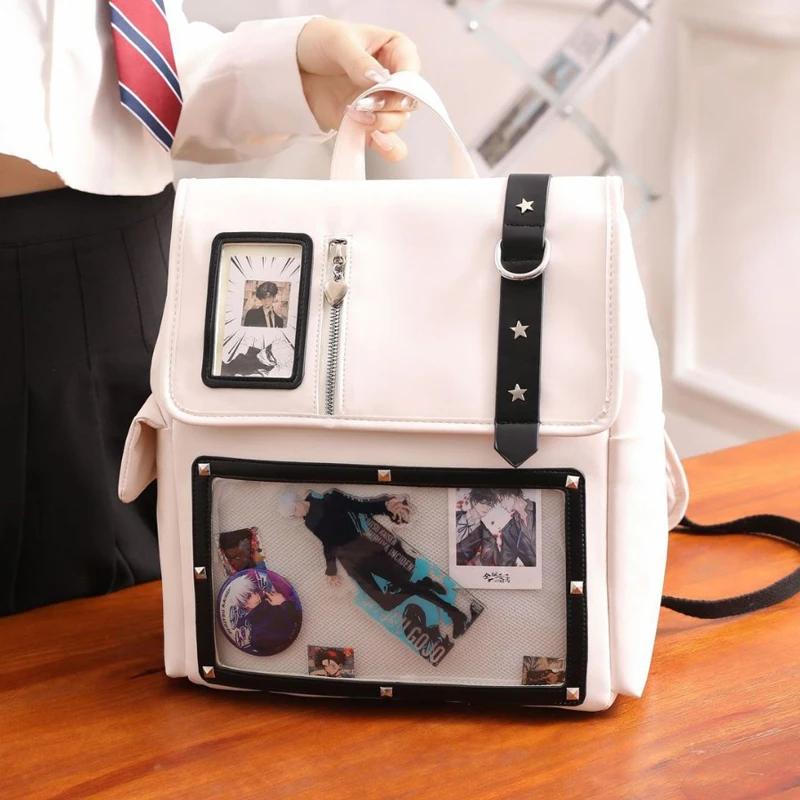 Japanese Y2K Kawaii Transparent Itabag Backpack Large Capacity PU Leather School Bag for Women Girls JK Fashion Daily Use
