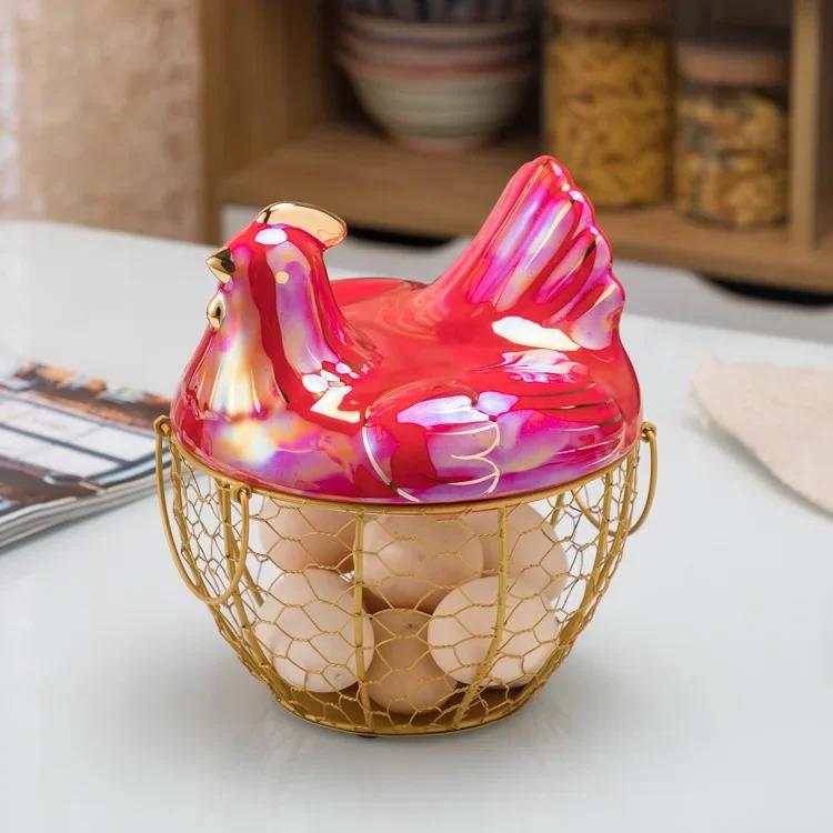 Cute Hen-shaped Egg Storage Basket Metal Wrought Iron Egg Basket with Lid Kitchen Food Debris Storage Container Home Decoration