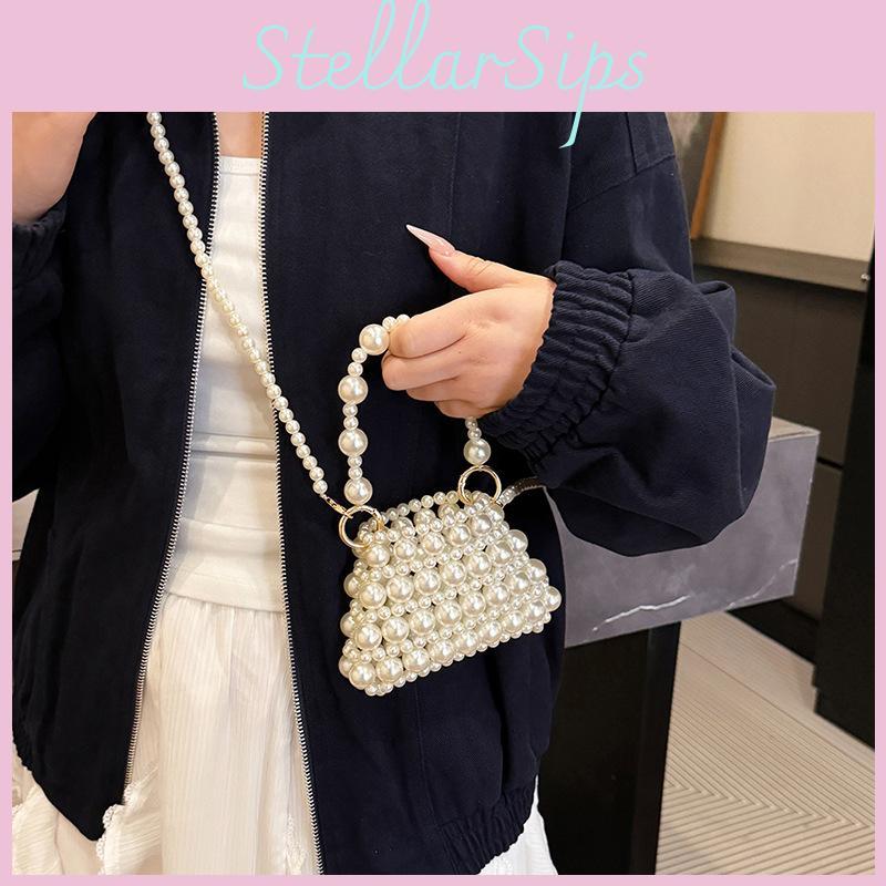 Pearl Mini Handbag For Daily Use Stylish Woven Hollowout Compact Design