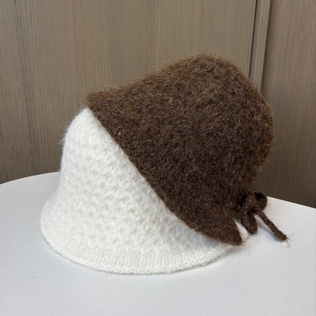 Sweet Bow Knitted Bucket Hat Women's Autumn and Winter Advanced Sense Warm Ear Protector Basin Hat Rear Split Bucket Hat