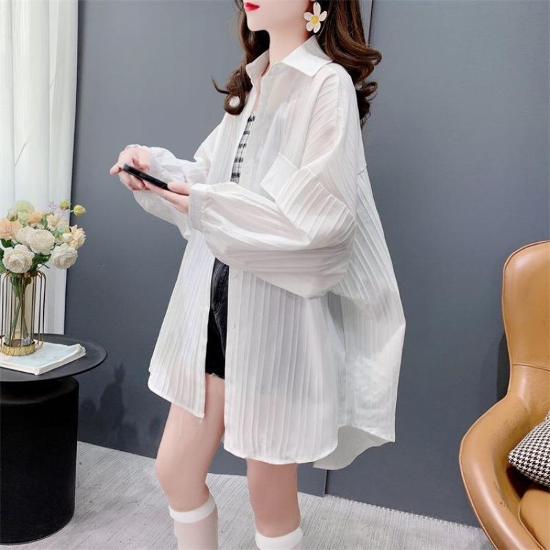 Women Casual Loose Thin Breathable Striped Long Sleeve Sunscreen Shirt Blouse