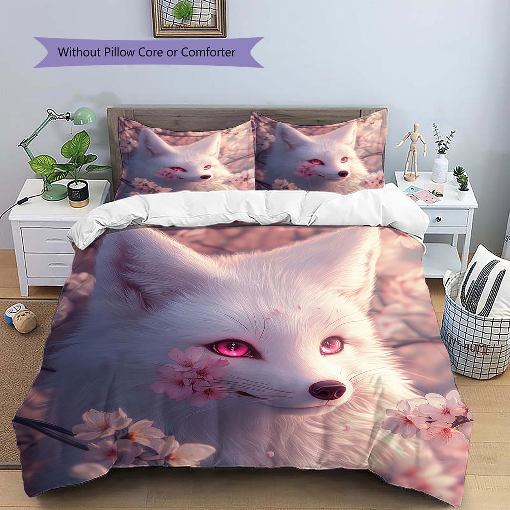 Bettwäsche mit weißem Fuchsmuster Heimdekoration Geburtstagsgeschenk (1 Bettbezug + 2 Kissenbezüge, ohne Füllung)