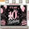 Send a banner 2D flat banner 1 piece polyester background black and pink. 10th birthday balloon cake crownzyc