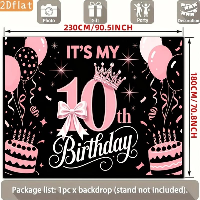 Send a banner 2D flat banner 1 piece polyester background black and pink. 10th birthday balloon cake crownzyc