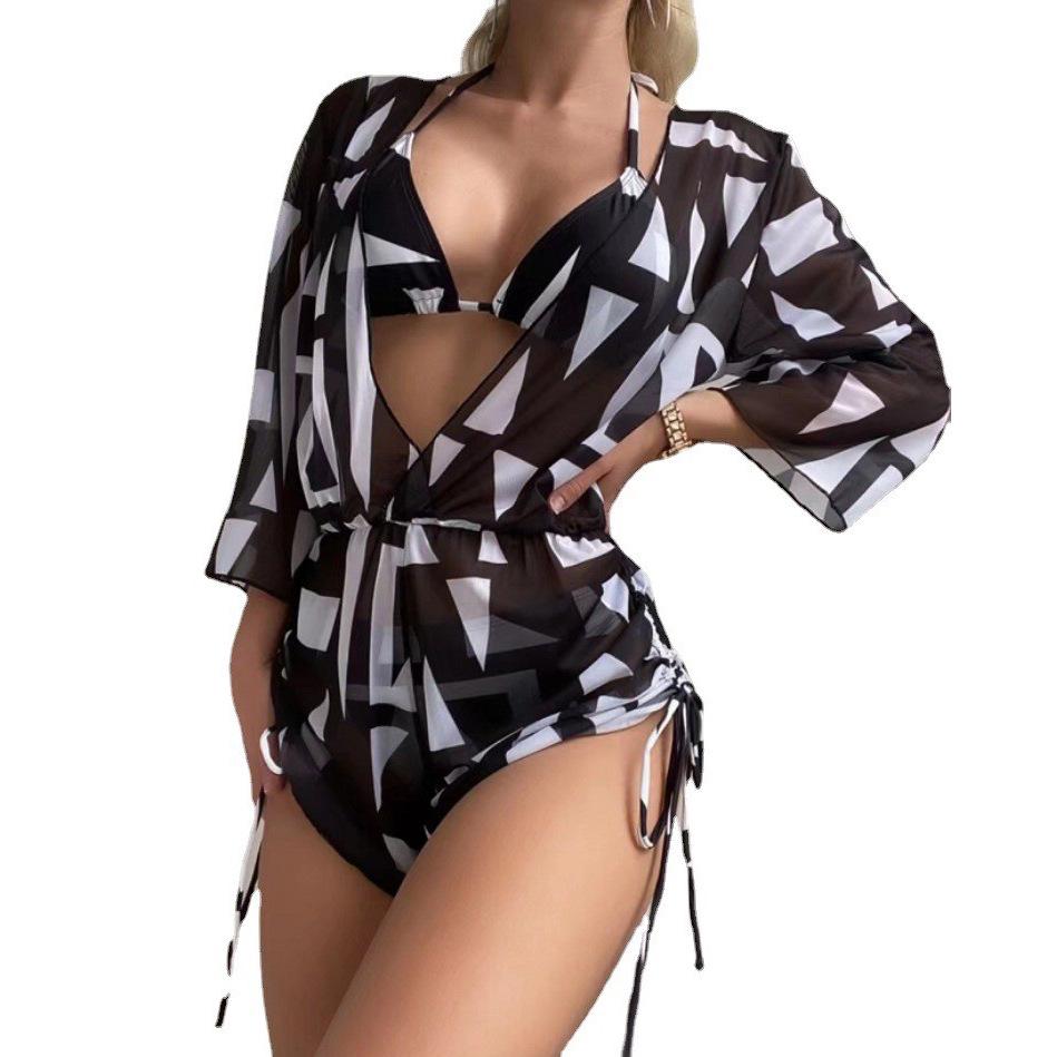 2023 Women's Sexy Three-Piece Swimwear Set with Elegant Neckline, Printed Belted High-Waisted Skirt