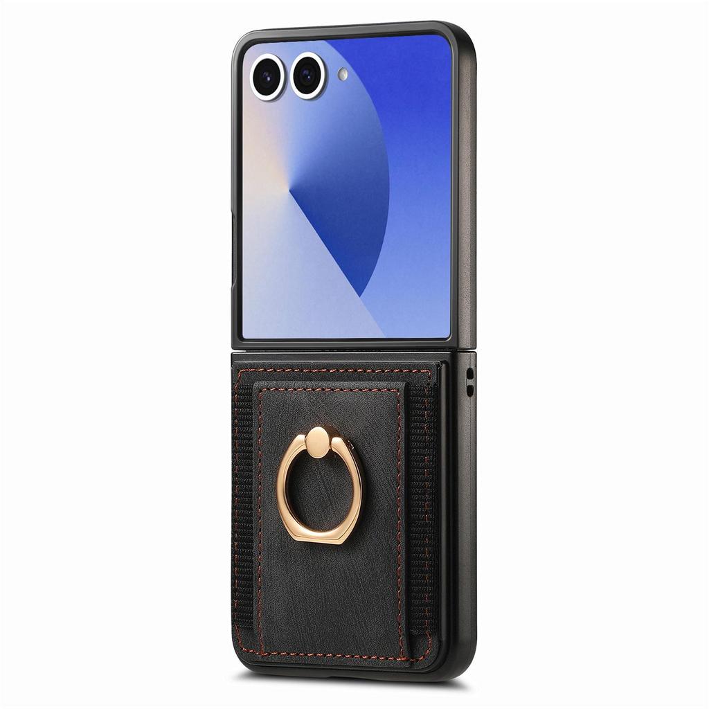 Samsung Z Flip 7 FE Leather Ring Wallet Case with Card Holder and Stand