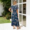 Women's V Neck Beach Dress Short Sleeve Waist Cinched Long Maxi Dress Floral Print Summer Casual Dress for Vacation