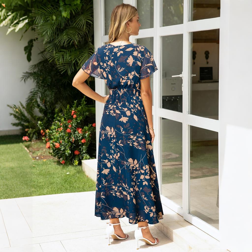 Women's V Neck Beach Dress Short Sleeve Waist Cinched Long Maxi Dress Floral Print Summer Casual Dress for Vacation
