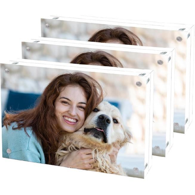 Acrylic Picture Frame 4x6, Double Sided Photo Frames for Refrigerator with Magnetic Corners, Transparent Acrylic Frame for Desk or Tabletop Display
