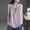 Sommerliche Neue Baumwoll-Leinen-Neckholder-Bluse für Damen, Asymmetrisches Oberteil, Knopfdekoration und Patchwork-Ärmelloses Top