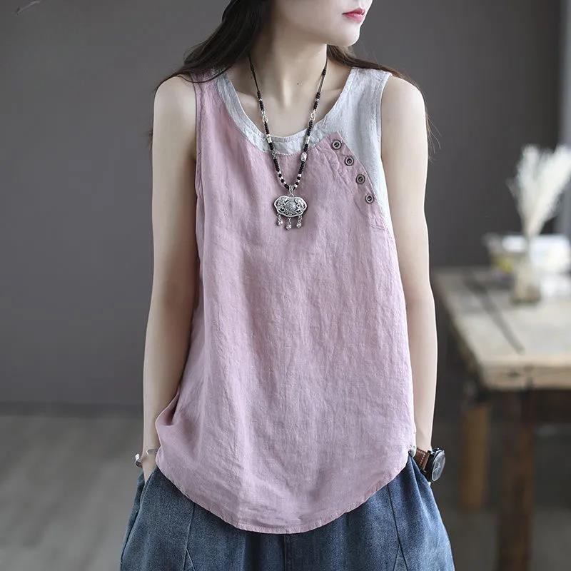 Sommerliche Neue Baumwoll-Leinen-Neckholder-Bluse für Damen, Asymmetrisches Oberteil, Knopfdekoration und Patchwork-Ärmelloses Top