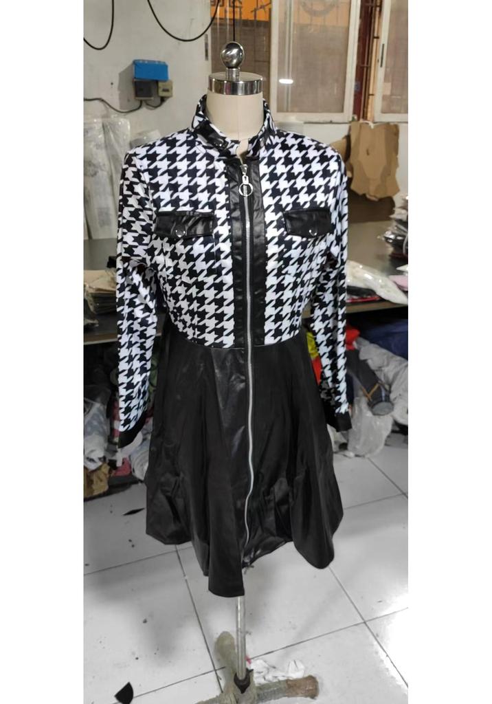 Herbst/Winter Mode PU-Leder Patchwork Taillenbetonendes Kleid
