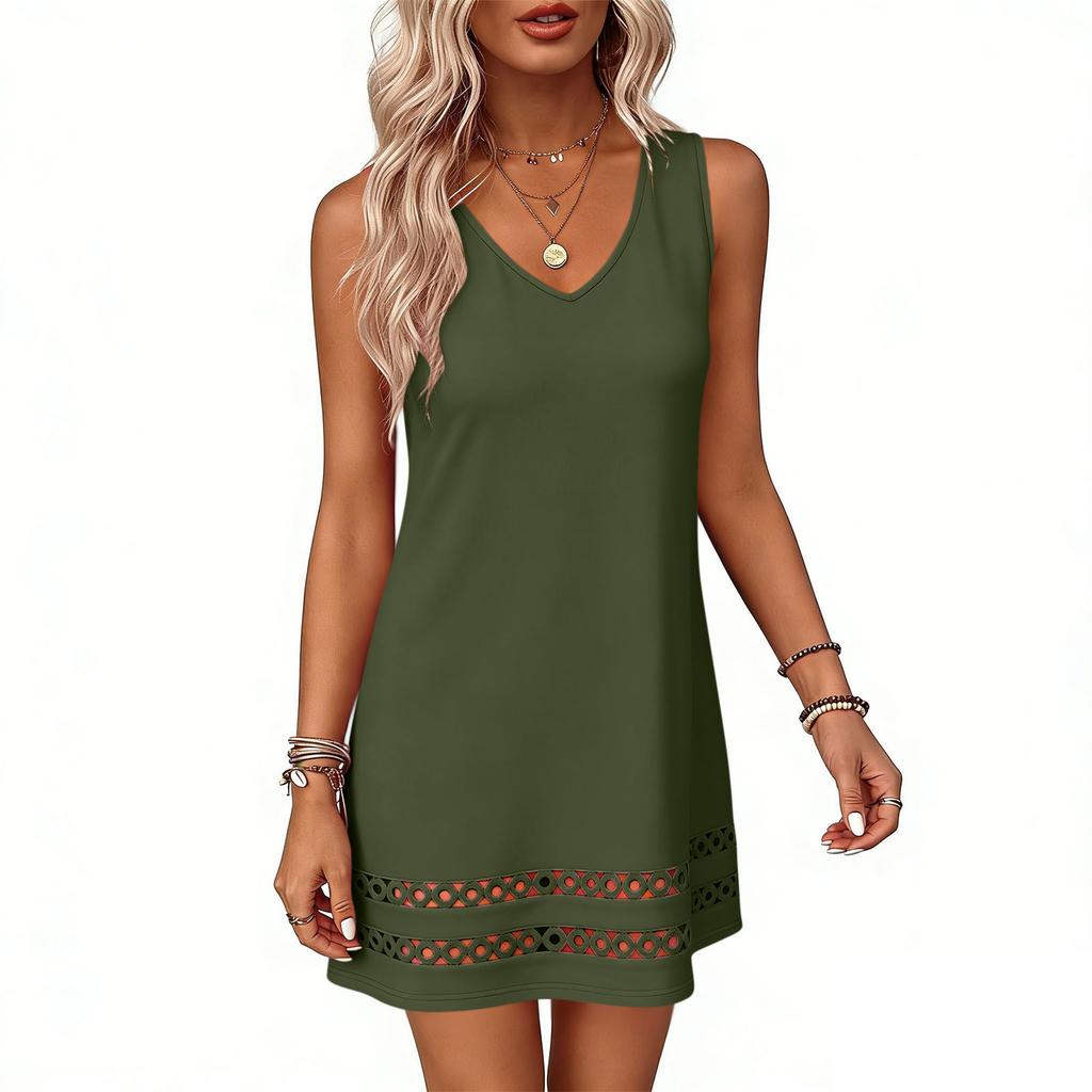 Women Sleeveless V Neck Casual Dress with Hollow Out Hem A Line Loose Fit Summer Sundress for Daily Wear Holiday Beach