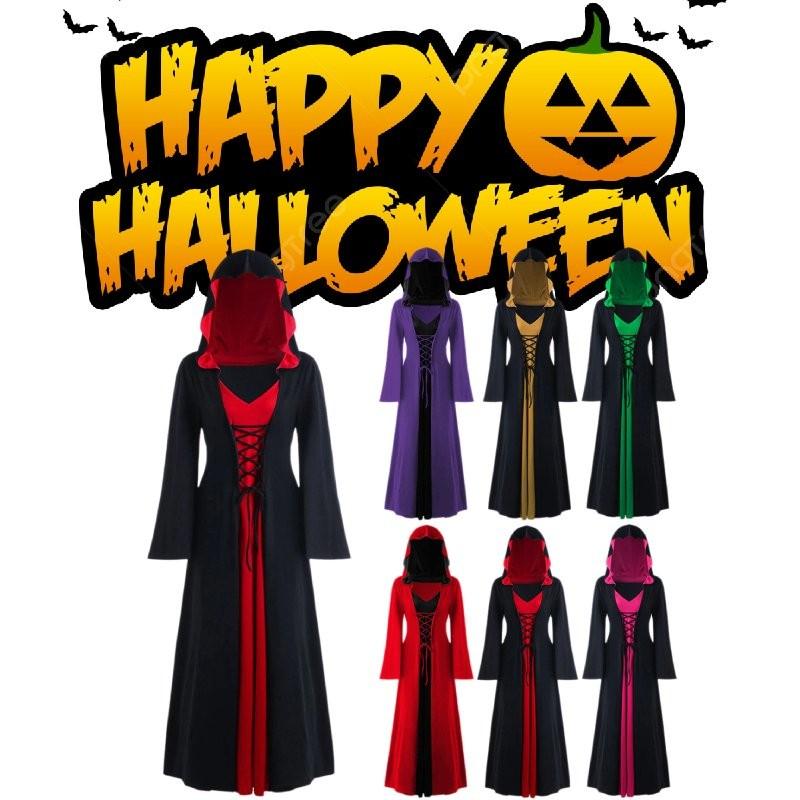 Lady Witch Halloween Hooded Loose Skirt V Neck Long Sleeves Costume Performance