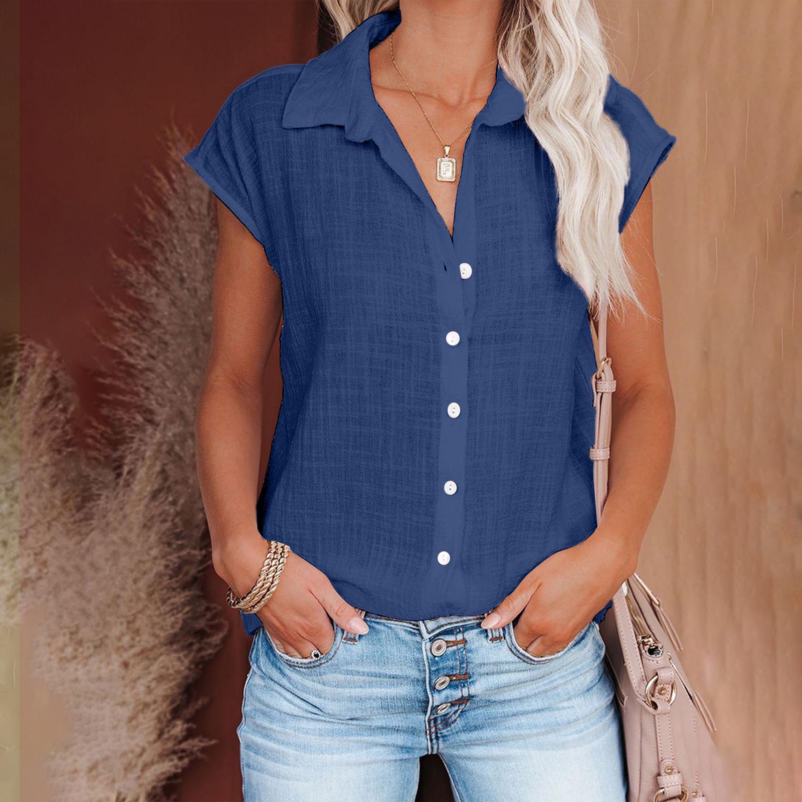 Women s Casual Fashion Short Sleeve Color Single Breasted Shirt Top XXL