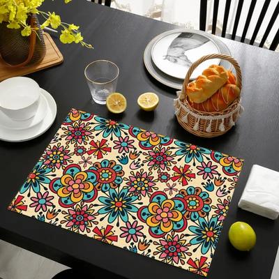 4pcs/6/8pcs Linen Placemats Set of 4 Colorful Floral Design Washable Table Mats for Dining Room Kitchen Decor