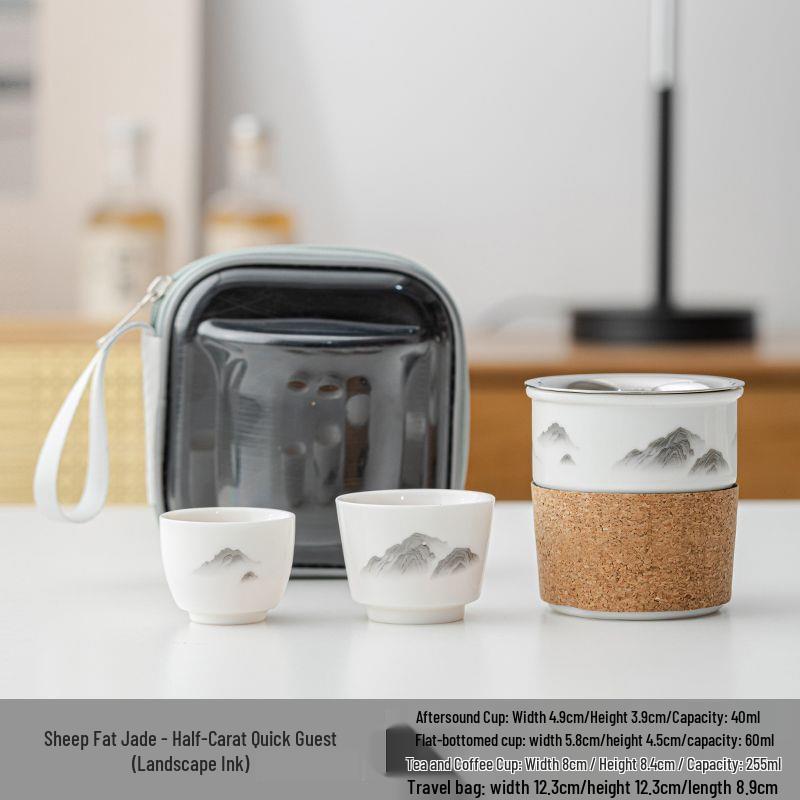 Portable Jade Sheep Travel Tea Set with Landscape Design - Ideal for Business Gifts