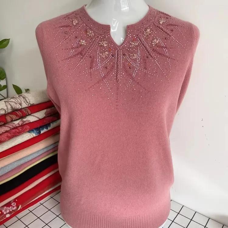 

Женский осенний вязаный свитер с вышивкой из искусственной овчины для женщин среднего и пожилого возраста, свободного кроя, большого размера, нижняя рубашка 3XL