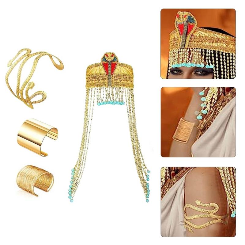 Egyptian Costume Accessories Includes Snake Egyptian Headpiece with Tassels Beads Wrist Bracelet Cuff Snake Arm Cuff