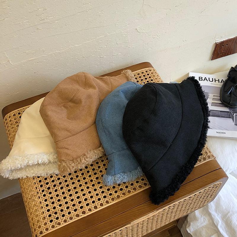 Suitable for Round Face Big Face Bucket Hat Girls Wide Face Can Wear Show Face Small Lamb Wool Basin Hat Double Side Can Wear Big Eaves Hat